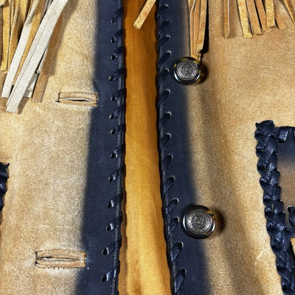 3B West Leather Fringe Jacket Womens L Tan Black Indian Eagle Western NWT - Picture 2 of 9